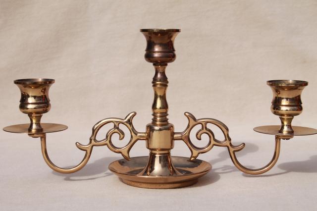 photo of vintage Baldwin brass branched arms candlesticks, candelabra pair low candle holders #3