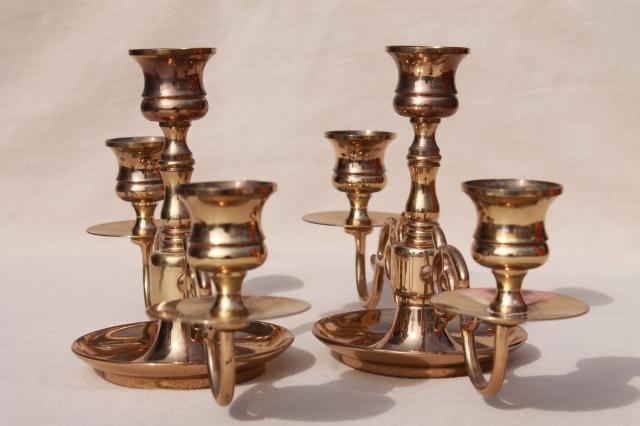 photo of vintage Baldwin brass branched arms candlesticks, candelabra pair low candle holders #4