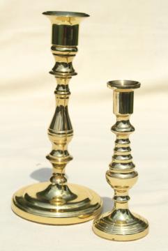 catalog photo of vintage Baldwin solid brass candle holders, large & small candlesticks