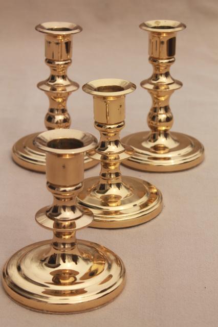 photo of vintage Baldwin solid brass candlesticks, high & low candle holders, candle stick pairs #1