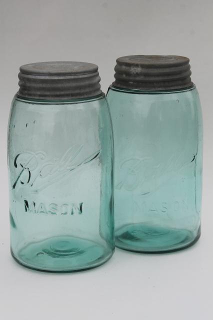 photo of vintage Ball Mason canning jars, strong shoulder slope blue glass w/ zinc metal lids #1