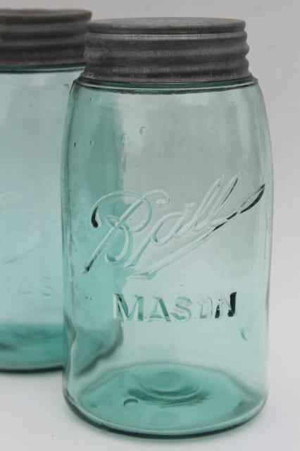 photo of vintage Ball Mason canning jars, strong shoulder slope blue glass w/ zinc metal lids #2