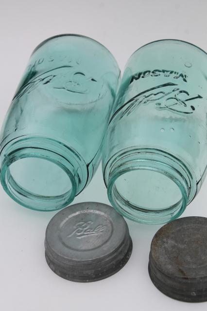 photo of vintage Ball Mason canning jars, strong shoulder slope blue glass w/ zinc metal lids #4