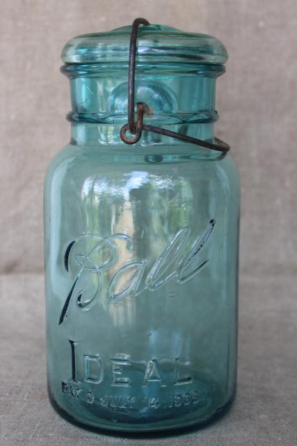 photo of vintage Ball Mason jar wire bail quart w/ glass lid, antique embossed date July 14 1908 #1