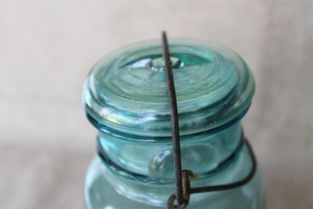 photo of vintage Ball Mason jar wire bail quart w/ glass lid, antique embossed date July 14 1908 #4