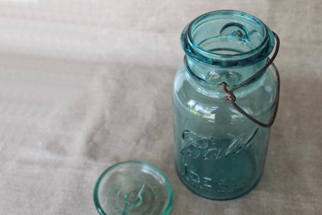 photo of vintage Ball Mason jar wire bail quart w/ glass lid, antique embossed date July 14 1908 #5