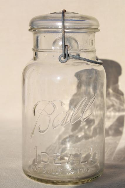 photo of vintage Ball Mason jar wire bail quart w/ glass lid, antique embossed date July 14 1908 #1