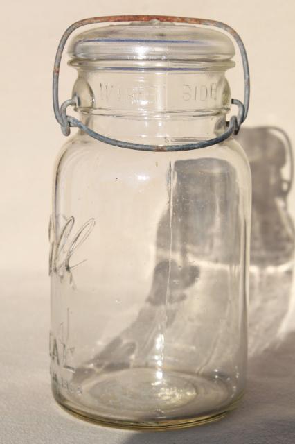 photo of vintage Ball Mason jar wire bail quart w/ glass lid, antique embossed date July 14 1908 #2