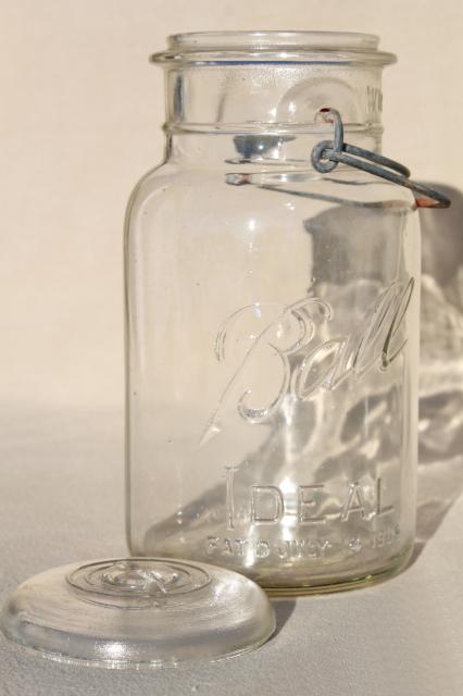 photo of vintage Ball Mason jar wire bail quart w/ glass lid, antique embossed date July 14 1908 #3