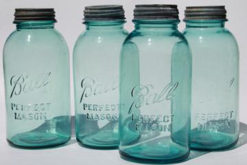 catalog photo of vintage Ball Perfect Mason aqua blue glass big two quart size jars w/ old zinc metal lids