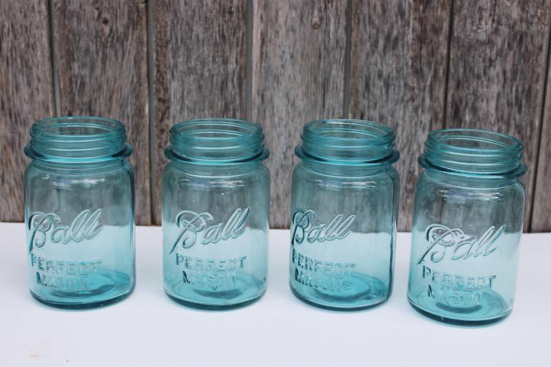 photo of vintage Ball Perfect Mason aqua blue glass canning jars, pint size jar lot #1