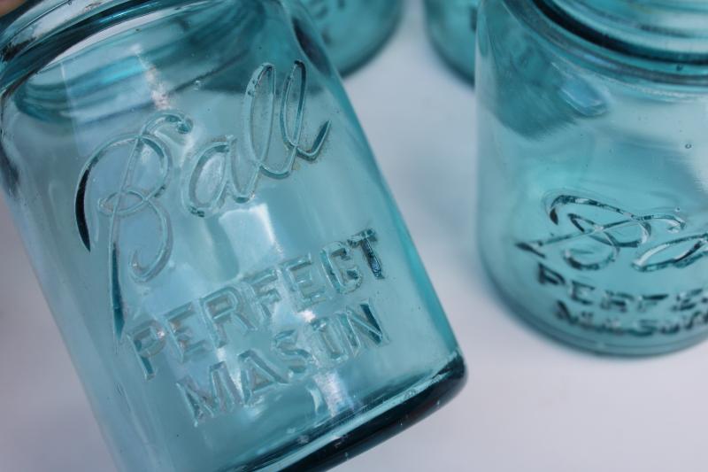 photo of vintage Ball Perfect Mason aqua blue glass canning jars, pint size jar lot #3