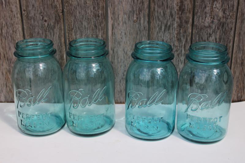 photo of vintage Ball Perfect Mason aqua blue glass canning jars, quart size jar lot #1