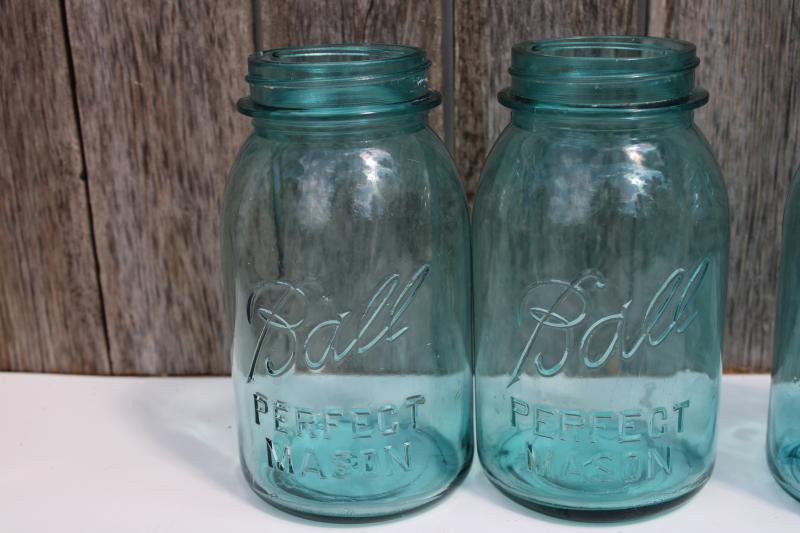 photo of vintage Ball Perfect Mason aqua blue glass canning jars, quart size jar lot #2