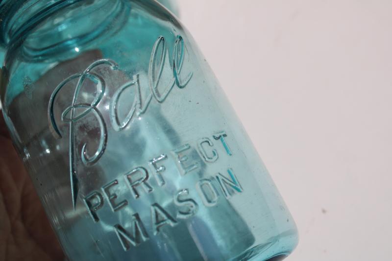 photo of vintage Ball Perfect Mason aqua blue glass canning jars, quart size jar lot #4