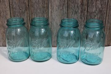 catalog photo of vintage Ball Perfect Mason aqua blue glass canning jars, quart size jar lot