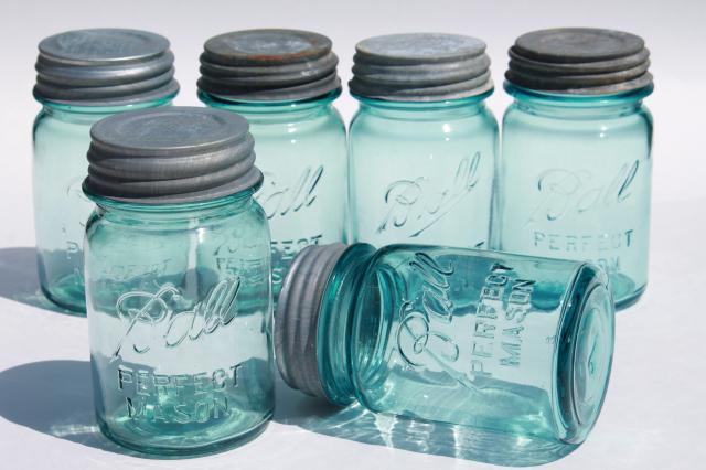 photo of vintage Ball Perfect Mason aqua blue glass pint jars w/ old zinc metal lid #1