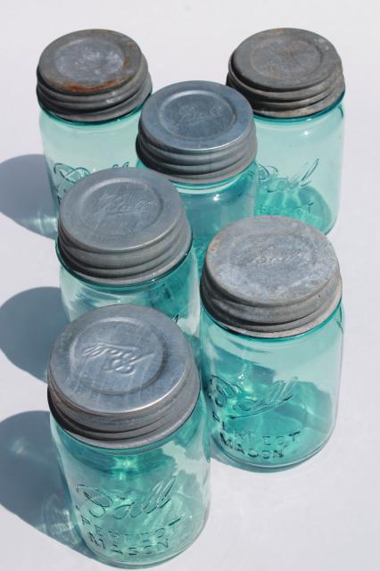 photo of vintage Ball Perfect Mason aqua blue glass pint jars w/ old zinc metal lid #2