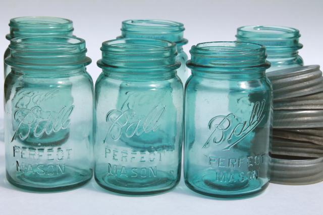 photo of vintage Ball Perfect Mason aqua blue glass pint jars w/ old zinc metal lid #4
