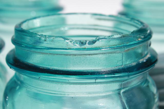 photo of vintage Ball Perfect Mason aqua blue glass pint jars w/ old zinc metal lid #5