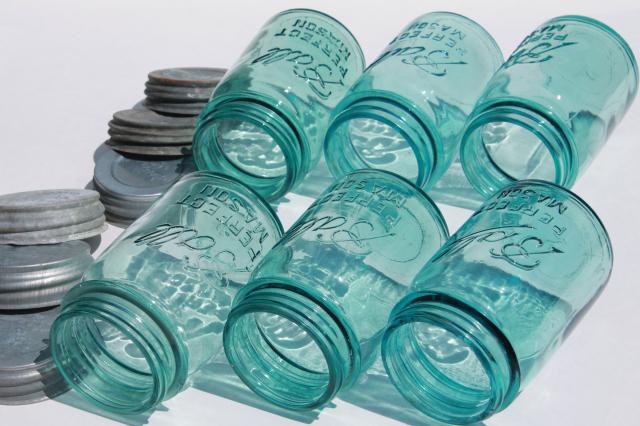 photo of vintage Ball Perfect Mason aqua blue glass pint jars w/ old zinc metal lid #6