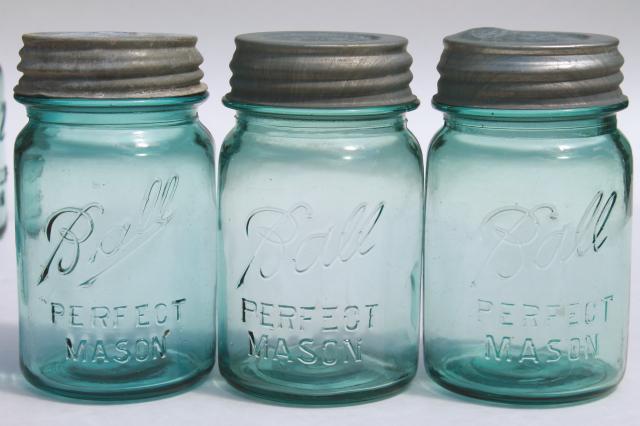 photo of vintage Ball Perfect Mason aqua blue glass pint jars w/ old zinc metal lid #7