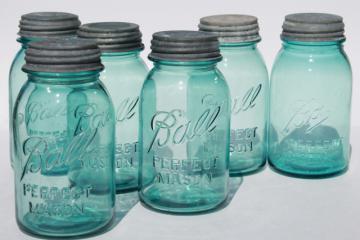 catalog photo of vintage Ball Perfect Mason aqua blue glass quart jars w/ old zinc metal lids