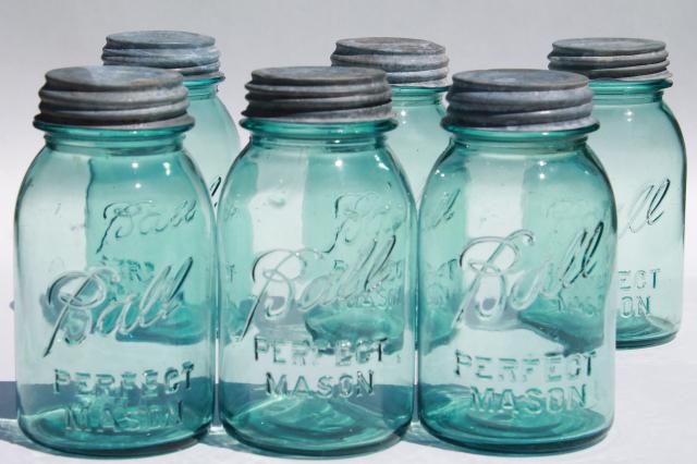 photo of vintage Ball Perfect Mason aqua blue glass quart jars w/ old zinc metal lids #1