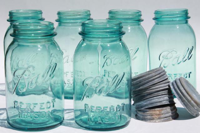 photo of vintage Ball Perfect Mason aqua blue glass quart jars w/ old zinc metal lids #2