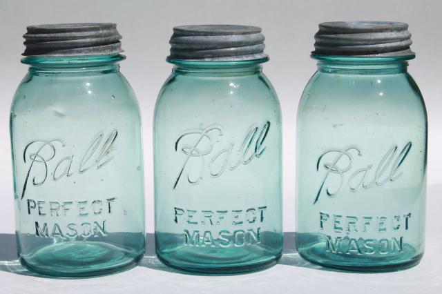 photo of vintage Ball Perfect Mason aqua blue glass quart jars w/ old zinc metal lids #3