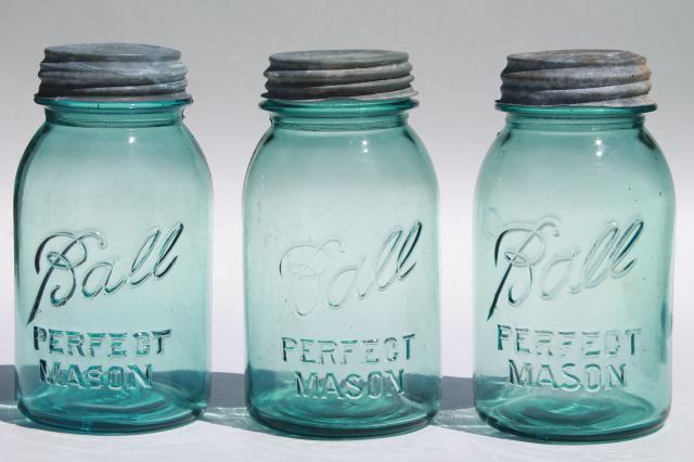 photo of vintage Ball Perfect Mason aqua blue glass quart jars w/ old zinc metal lids #4