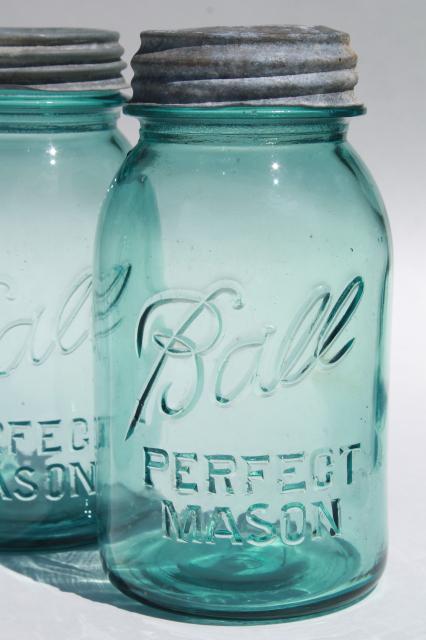 photo of vintage Ball Perfect Mason aqua blue glass quart jars w/ old zinc metal lids #5