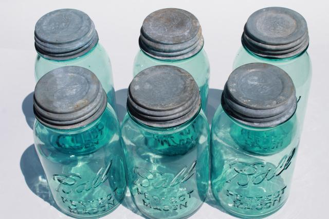 photo of vintage Ball Perfect Mason aqua blue glass quart jars w/ old zinc metal lids #7