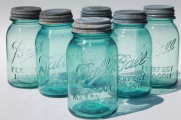 catalog photo of vintage Ball Perfect Mason aqua blue glass quart jars w/ old zinc metal lids