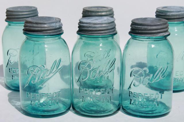 photo of vintage Ball Perfect Mason aqua blue glass quart jars w/ old zinc metal lids #1