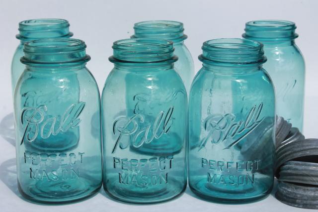 photo of vintage Ball Perfect Mason aqua blue glass quart jars w/ old zinc metal lids #2