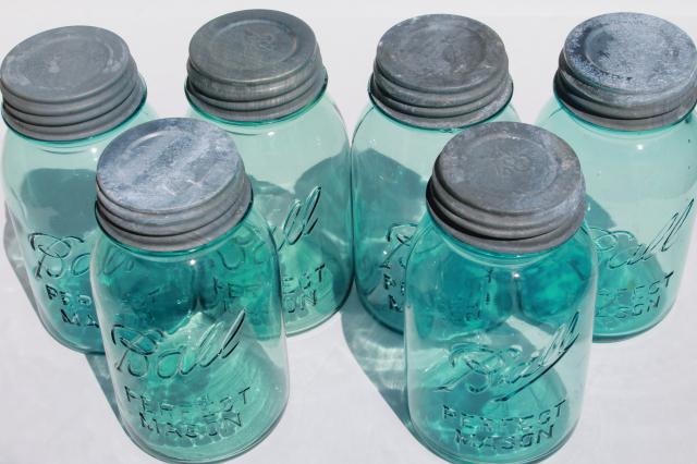 photo of vintage Ball Perfect Mason aqua blue glass quart jars w/ old zinc metal lids #5