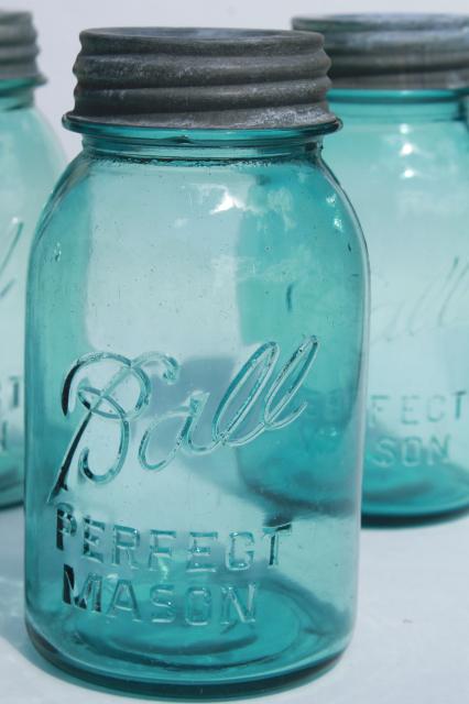 photo of vintage Ball Perfect Mason aqua blue glass quart jars w/ old zinc metal lids #6