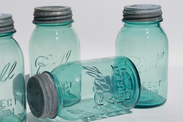 photo of vintage Ball Perfect Mason aqua blue glass quart jars w/ old zinc metal lids #7