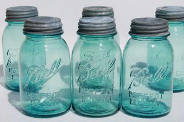 catalog photo of vintage Ball Perfect Mason aqua blue glass quart jars w/ old zinc metal lids