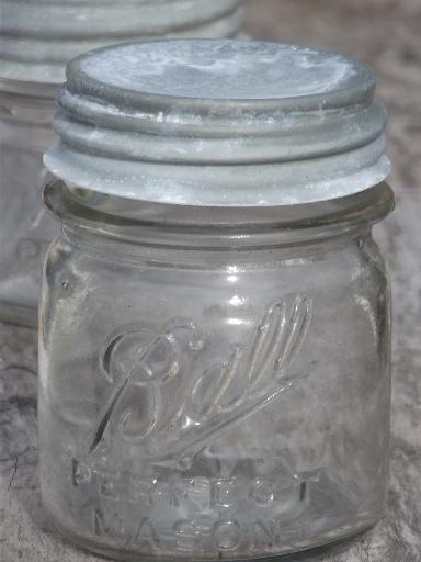 photo of vintage Ball Perfect Mason jars w/ old zinc lids, small half-pint jelly jars #2