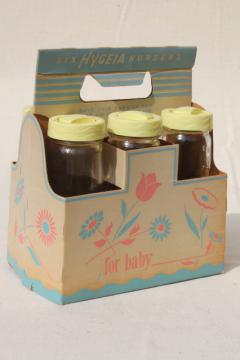 catalog photo of vintage Ball glass baby bottles, six bottle set in original Hygeia paper carrier box