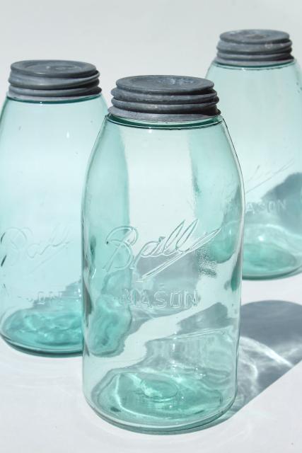 photo of vintage Ball mason canning jars, antique blue glass strong slope shoulder jar shape #1