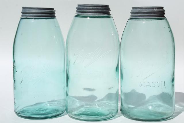 photo of vintage Ball mason canning jars, antique blue glass strong slope shoulder jar shape #3