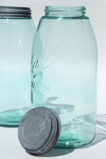 photo of vintage Ball mason canning jars, antique blue glass strong slope shoulder jar shape #7