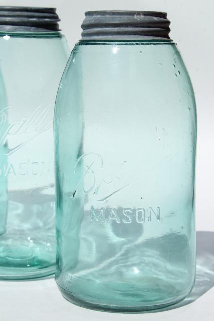 photo of vintage Ball mason canning jars, antique blue glass strong slope shoulder jar shape #8