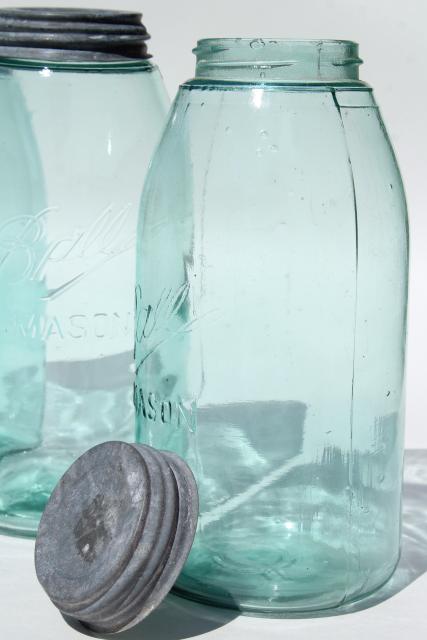 photo of vintage Ball mason canning jars, antique blue glass strong slope shoulder jar shape #9