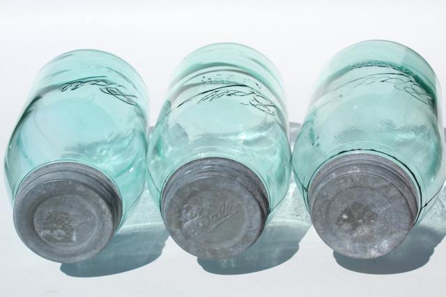 photo of vintage Ball mason canning jars, antique blue glass strong slope shoulder jar shape #10