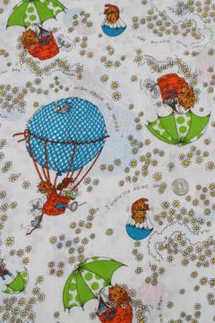 catalog photo of vintage Barbara Alexander novelty print fabric, high above the daisies in balloons & umbrellas