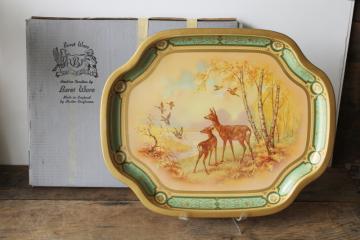 catalog photo of vintage Baret Ware tin tray in original box, deer sunny forest scene print metal tray large size 